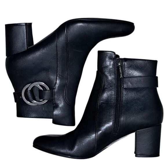 Karl Lagerfeld Paris Elegant Goth Leather Block Heel Ankle Boots Size 7.5 Black - Picture 1 of 15